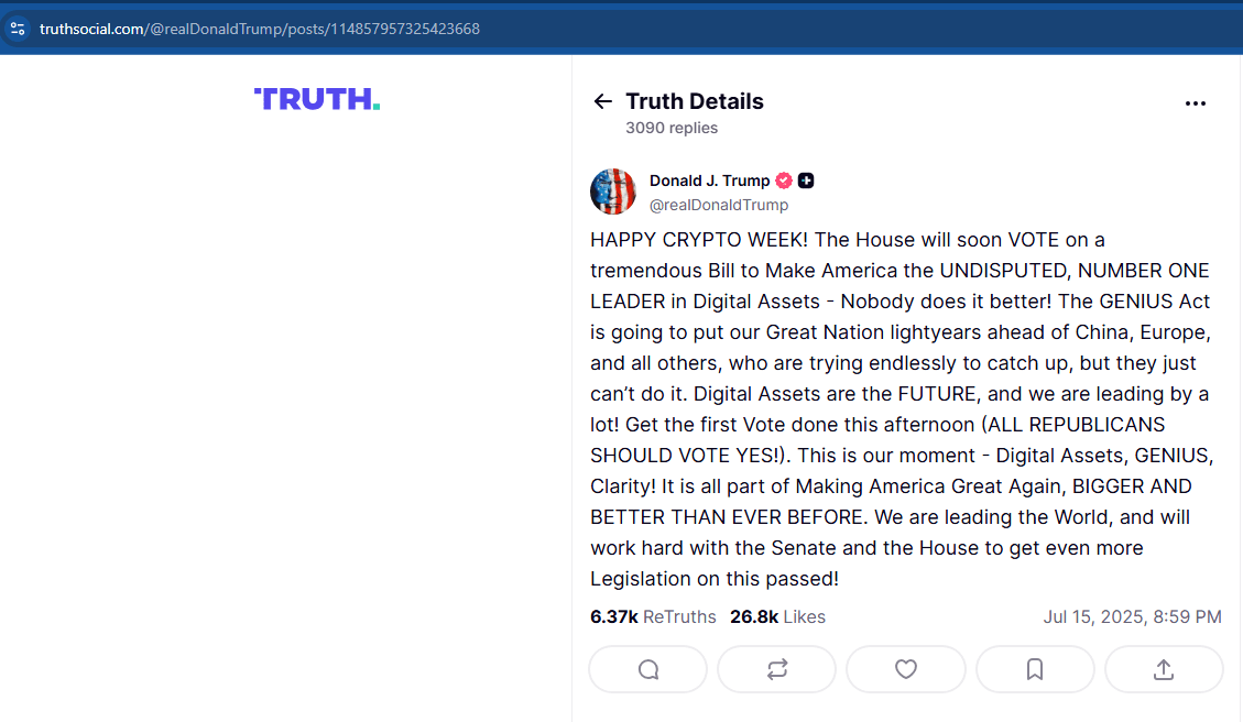 Trump Backs "Crypto Week" to Cement US as Digital Asset Leader 2 Truth Social Trums Social handle